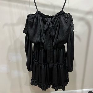 Black Silky Off-the-Shoulder Mini Dress with Ruffles - Perfect for Date Night!